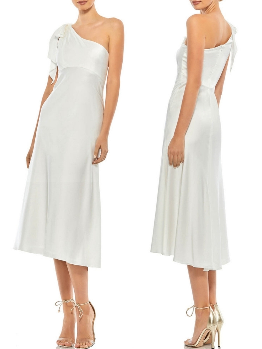 Ieena for Mac Duggal 55387 White Satin Bow One Shoulder Formal Midi Dress 6 NWT